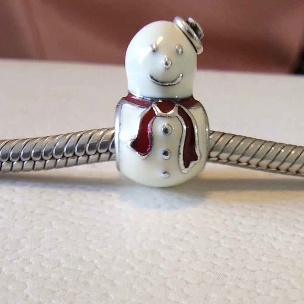 Pandora Retired Sterling Silver Happy Snowman Winter Bead White & Red Enamel - Picture 2 of 6